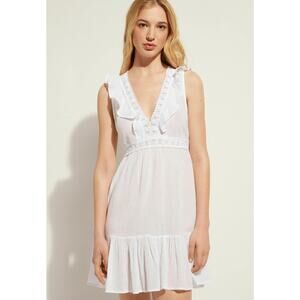 Calzedonia Dress Womens Small White Crochet Ruffle Lace Boho Tiered Plunge Mini